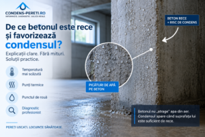 Condens pe beton – suprafață rece cu picături de apă și punți termice
