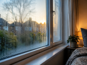 Condens pe geamuri dimineața – picături de apă pe fereastră